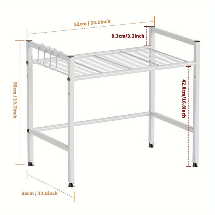 Estante para Microondas de 2 Niveles con Ganchos - Solución de Almacenamiento Versátil para Cocina y Baño, Construcción Duradera de Plástico/Metal, Estantes de Utilidad