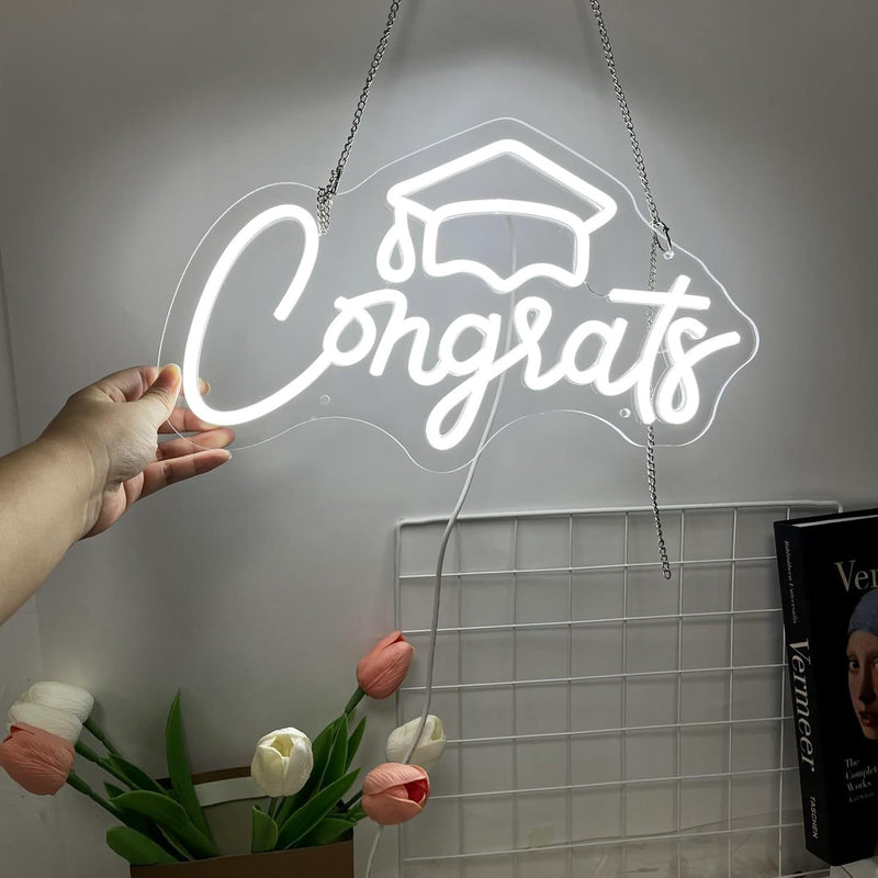 Luz de neón personalizada "Felicidades" con diseño de birrete de graduación - Decoración de pared de luz de neón personalizada, lámpara de atmósfera LED regulable para bodas, fiestas de cumpleaños, jardín de casa, alimentada por USB, sin batería - Opcion