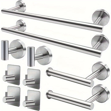 Juego de accesorios para baño moderno 2024, incluye barra para toallas de 15.8 pulgadas, montaje en pared con taladro, material duradero, acero inoxidable SUS304, juego de 10 piezas (plateado/negro)