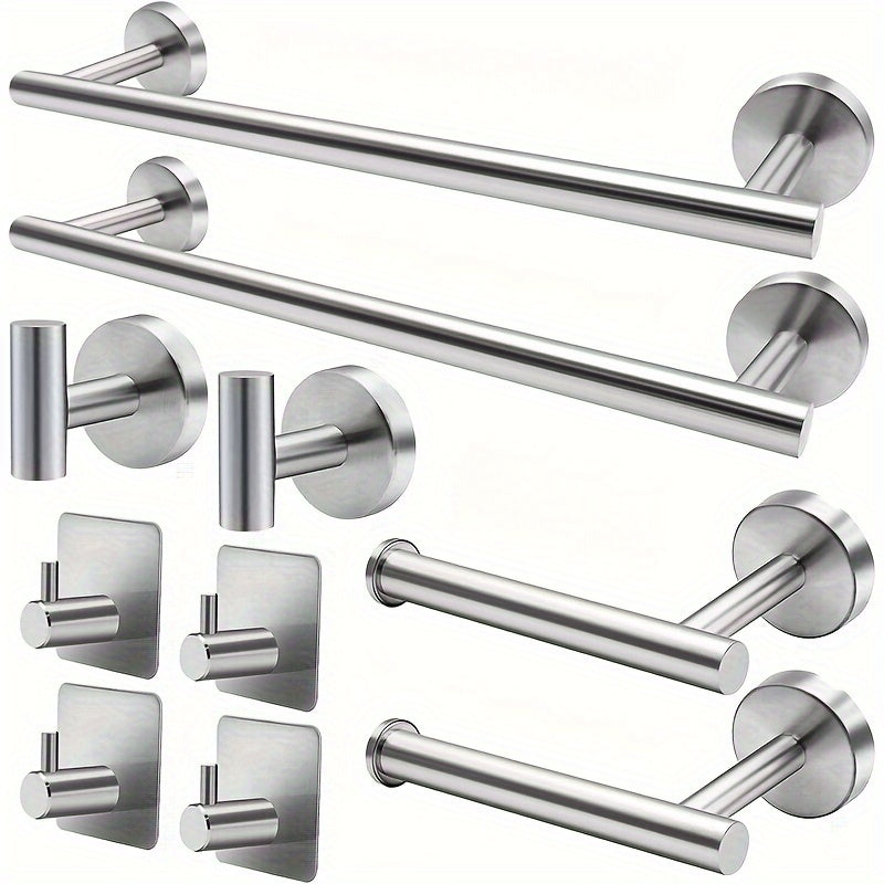 Juego de accesorios para baño moderno 2024, incluye barra para toallas de 15.8 pulgadas, montaje en pared con taladro, material duradero, acero inoxidable SUS304, juego de 10 piezas (plateado/negro)