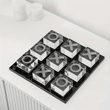 Decoración minimalista moderna de tablero de ajedrez XO cuadrado con cristales, pequeño adorno geométrico en blanco y - estatua multifuncional para decoración interior de escritorio o sala sin necesidad de electricidad