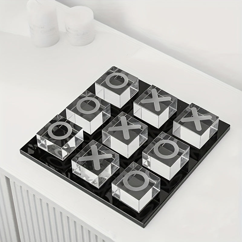 Decoración minimalista moderna de tablero de ajedrez XO cuadrado con cristales, pequeño adorno geométrico en blanco y - estatua multifuncional para decoración interior de escritorio o sala sin necesidad de electricidad