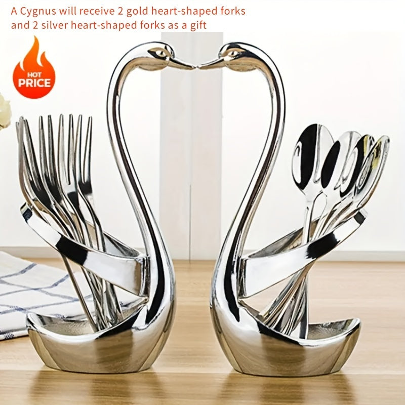 Porta cubiertos con estilo en forma de cisne, hecho de acero inoxidable, viene con un juego de tenedores de cortesía - Perfecto para catering y servicio de alimentos.