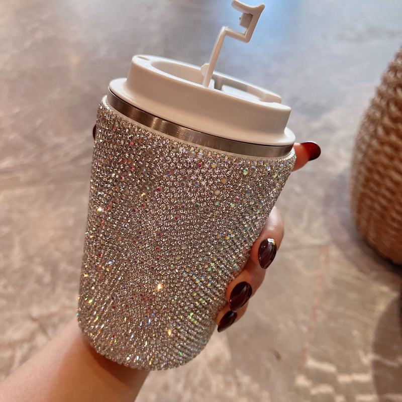 Taza de acero inoxidable aislante con incrustaciones de diamantes elegante - Ideal para oficina y hogar, apta para alimentos