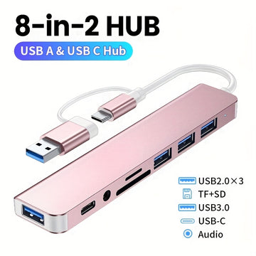 Puente USB multifuncional 8 en 1, puente USB para computadora, puente USB C, lector de tarjetas TF/SD, salida de audio de 3,5 mm, compatible con MacBook Pro/para for ipad Pro/HP Aluminio 4 puertos USB Transferencia de datos