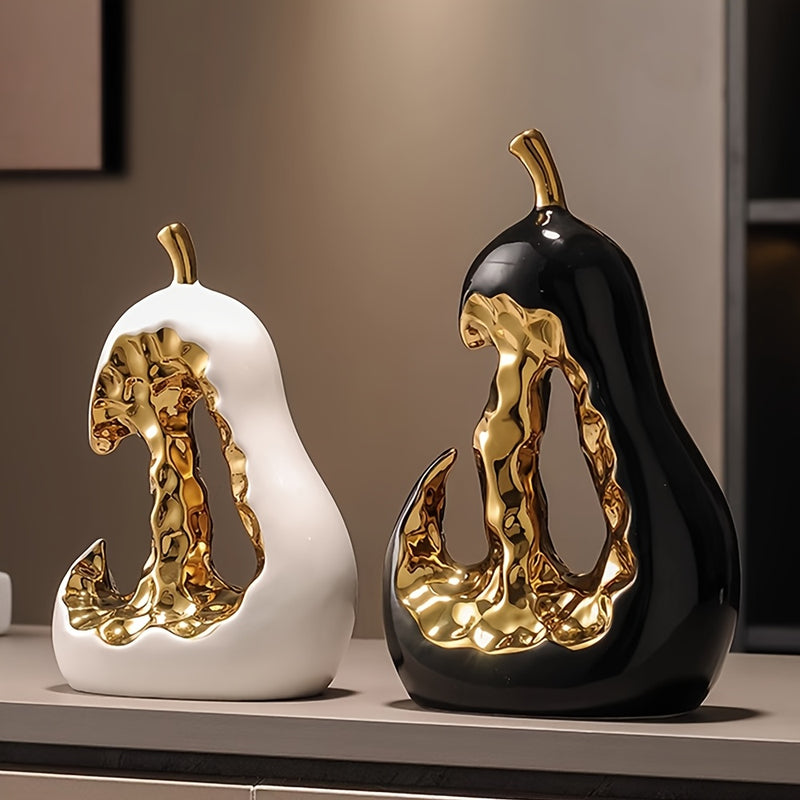 1 pieza de moderna escultura de pera de cerámica abstracta - Elegante adorno decorativo dorado y blanco para el hogar o la oficina, regalo perfecto para las vacaciones, exhibición en la mesa o el armario, decoración de oficina