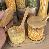 Juego de 3 Tarros de Vidrio con Bandeja y Cuchara, 11.83 oz/350 ml, Recipientes Herméticos para Almacenar Sal, Pimienta, Azúcar y Especias, Contenedores Apto para Alimentos, Ideal para Conservación de Condimentos