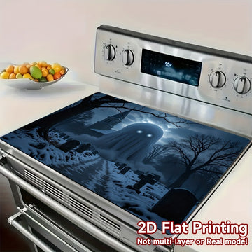1pc Protector de Estufa para Halloween - Diseño Cementerio Espeluznante, Alfombrilla Antideslizante para Cocinas a Gas/Eléctricas, Superficie Fácil de Limpiar, Ajuste Universal, Decoración de Cocina Temática de Terror, Material Easyclean, 2D Plano