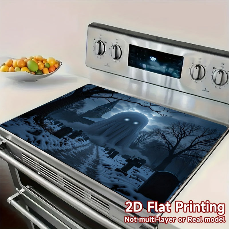 1pc Protector de Estufa para Halloween - Diseño Cementerio Espeluznante, Alfombrilla Antideslizante para Cocinas a Gas/Eléctricas, Superficie Fácil de Limpiar, Ajuste Universal, Decoración de Cocina Temática de Terror, Material Easyclean, 2D Plano