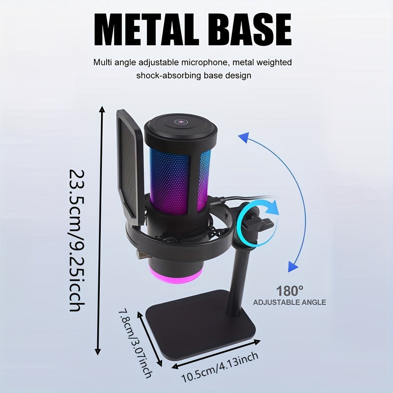 Micrófono de Juego Condensador Negro RGB de 1 pieza con Soporte para Escritorio para Computadoras y Smartphones - Ideal para Podcasting, Transmisión en Vivo y Grabación, Conexión USB-C, Brazo Ajustable, Diseño de Rejilla de Malla