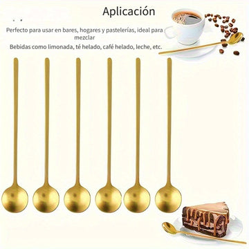 12 cucharitas de acero inoxidable dorado con mango largo, para espresso, té, postres, chocolate caliente, té helado y latte, ideales para restaurantes, cafeterías y bares