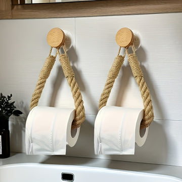 Soporte de Papel Higiénico Rústico de Cuerda de Cáñamo - Montaje en Pared Autoadhesivo con Perilla de Madera, Diseño Trenzado Natural para Decoración Elegante del Hogar, Organizadores y Almacenamiento de Baño