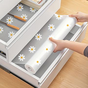 1 Rollo de forro impermeable de diseño de margarita - Fácil de limpiar, resistente al agua, aceite y deslizamiento, duradero y resistente al desgaste. Se puede cortar para ajustarlo, ideal para cocina, refrigerador, mesa y organización de cajones. Longit