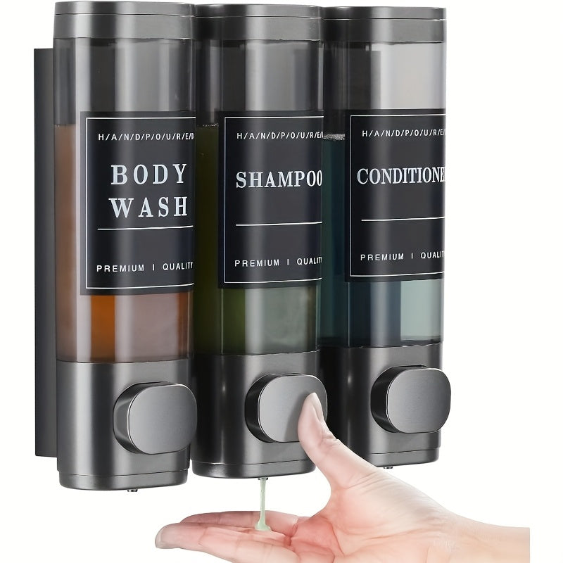 Dispensador de Champú, Acondicionador y Gel de Baño 3 en 1 para Pared - Calidad Premium, Instalación Sin Taladro, Plástico Libre de Ftalatos, Gran Capacidad, Ideal para Baños de Hogar e Hoteles | Accesorio Moderno para Baño, Dispensador Duradero