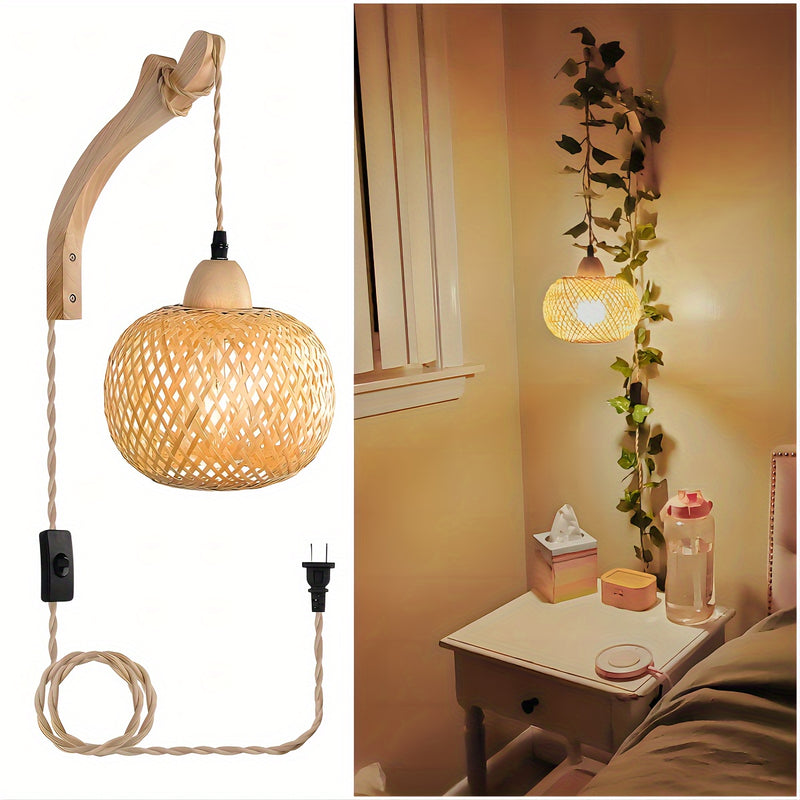Lámpara de pared de bambú ligero, lámpara de pared rústica de granja, lámpara de pared de mimbre con cordón de enchufe americano, lámpara de rattán tejida a mano, lámpara bohemia para sala de estar dormitorio, base E26 E27 (bombilla no incluida)