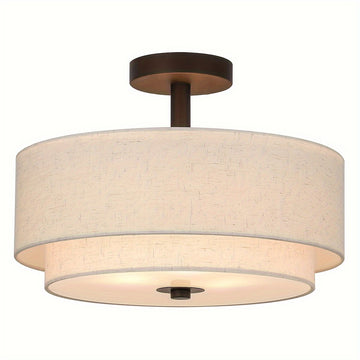 3 luces de montaje semi empotrado, luminaria de techo cercana con pantalla de tela, latón dorado retro, luz de tambor semi empotrado de 15.7 pulgadas para dormitorio y sala de estar