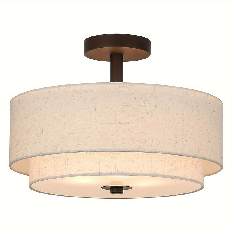 3 luces de montaje semi empotrado, luminaria de techo cercana con pantalla de tela, latón dorado retro, luz de tambor semi empotrado de 15.7 pulgadas para dormitorio y sala de estar