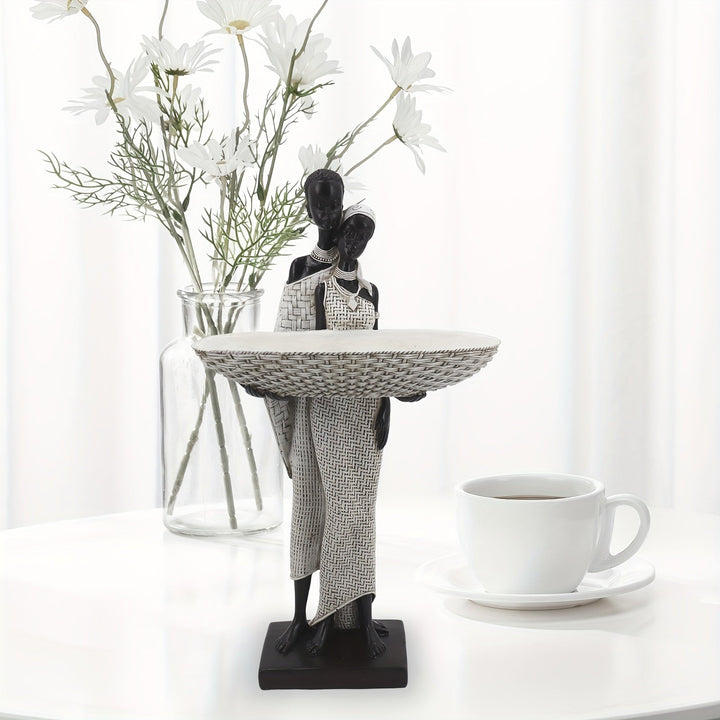 Estatua de Pareja Africana Vintage Dorada - Figura de Arte Tribal con Bandeja de Almacenamiento para Llaves para Decoración del Hogar, Perfecta para Sala de Estar, Estantería y Mesa, Regalo Ideal de Inauguración para Mujeres, Lo Mejor para Navidad
