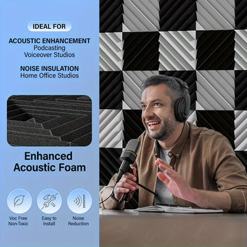 12pcs, 24pcs - Paneles de Espuma Aislante Acústica con Ranura Diamantada 5.08x30.48x30.48 cm, Paneles de Alta Densidad para Estudio, Paneles Decorativos 3D, Material Absorbente de Sonido para Hogar u Oficina (Incluye Pegatinas)