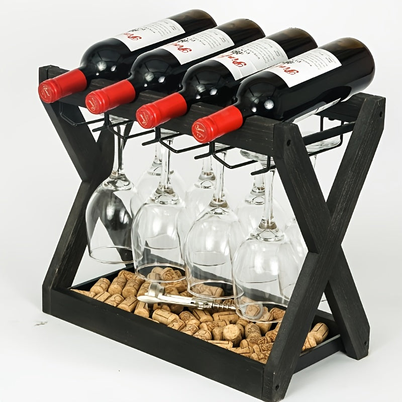Soporte de vino de hierro con grano de madera negra y soporte de vidrio - Elegante exhibidor de botellas de vino y copas para almacenamiento de vino tinto, organizador de encimera, regalo para amantes del vino, decoración de vino