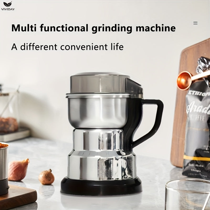 Molinillo de Café Eléctrico de Acero Inoxidable VIVIDAY con Mango - Máquina de Moler Multifuncional para Especias, Granos y Condimentos, Protección contra Sobrecalentamiento, Operación de Un Toque, Enchufe Estadounidense, Molinillo de Alta Potencia de 12
