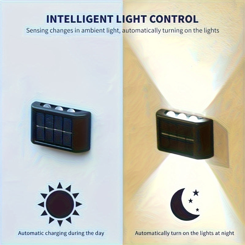 2 pzas. luces solares para pared exterior, luces de pared con doble cabezal, iluminación hacia arriba y abajo, 6 luces LED solares para jardín, calle o paisaje, decorativas, ideales para jardín, patio y balcón, con batería recargable de níquel, capacidad