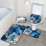 3 piezas, alfombrilla de baño con diseño de mariposa azul y piedra blanca, funda de asiento de inodoro y alfombrilla de pies en forma de U