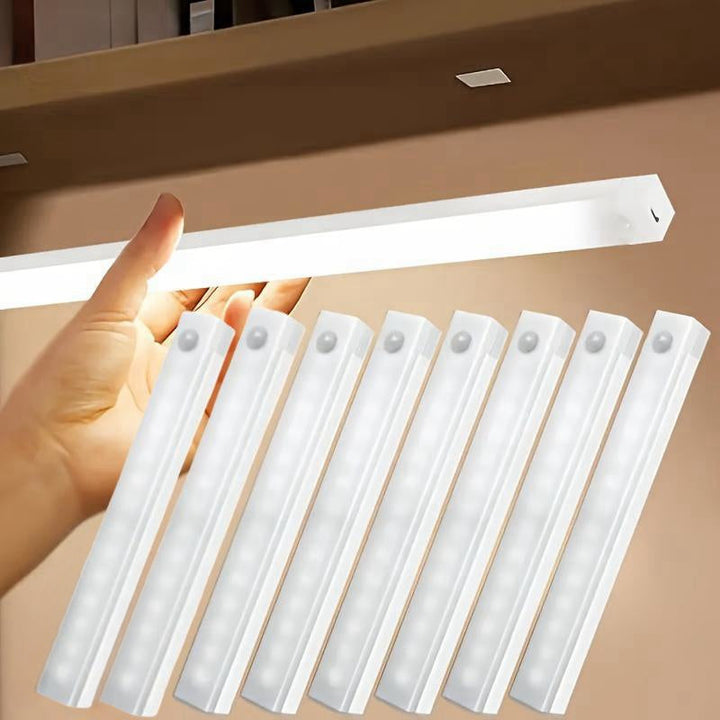 Conjunto de 8 Luces LED con Sensor de Movimiento para Armarios, Recargables por USB y Batería (200mAh), Ahorro de Energía Montadas en la Pared para Cocina, Guardarropa, Escalera, Pasillo y Estante - Diseño Blanco Elegante y Moderno