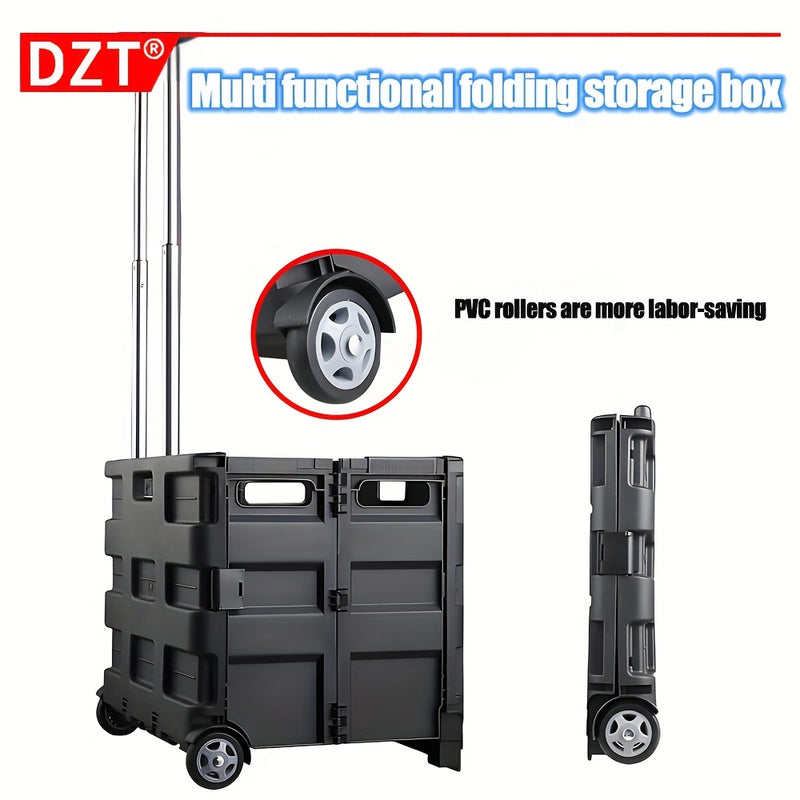 Carrito de almacenamiento plegable DZT ultra delgado con mango telescópico, organizador de gran capacidad para el hogar, jardín, oficina y escuela - Negro, material PP resistente, diseño apilable