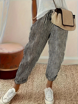 Pantalones Holgados Estampados De Rayas, Pantalones Informales De Cintura Elástica Para El Día A Día, Ropa De Mujer