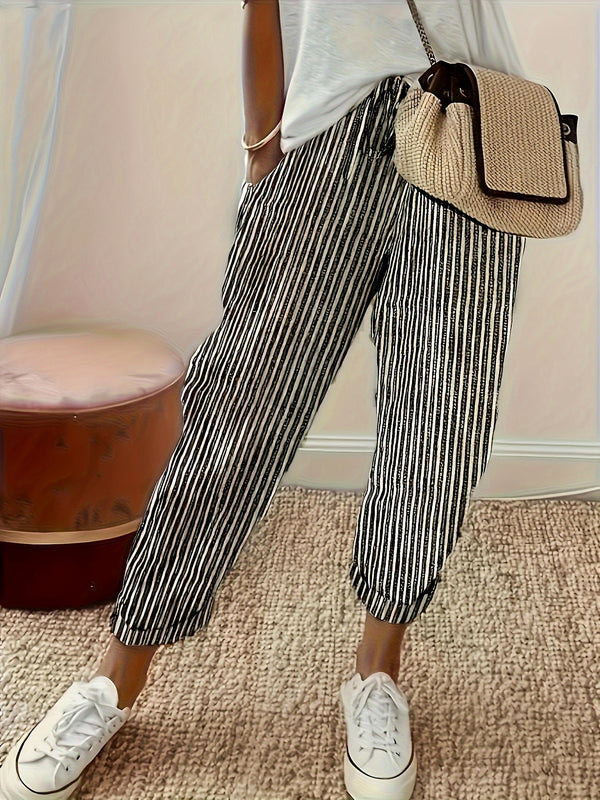 Pantalones Holgados Estampados De Rayas, Pantalones Informales De Cintura Elástica Para El Día A Día, Ropa De Mujer