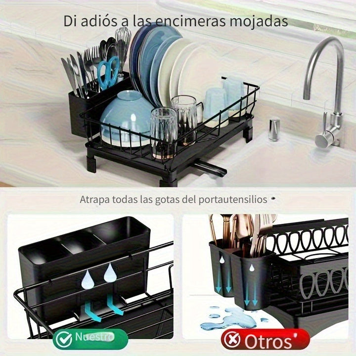 Escurridor de platos compacto de metal con porta utensilios y desagüe, ahorrador de espacio para cocina o fregadero, ideal para autocaravanas y apartamentos pequeños