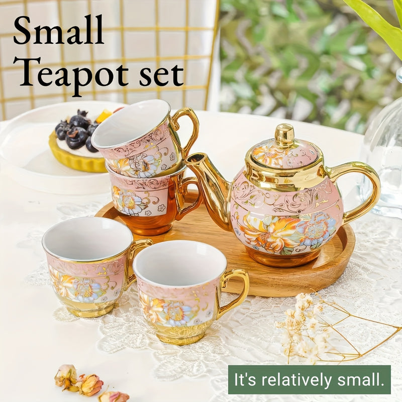 Juego de té de cerámica dorada estilo europeo, 5 piezas, incluye 1 tetera y 4 tazas, set para café, ideal para fiestas de té, restaurantes o cafeterías, en empaque de regalo