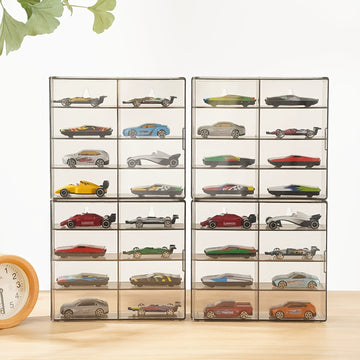 Caja de almacenamiento de modelos de coches pila de 8 compartimentos - Estuche de exhibición de plástico transparente con colección de vehículos miniatura de colores, ideal para coleccionistas y aficionados, almacenamiento de juguetes de coches