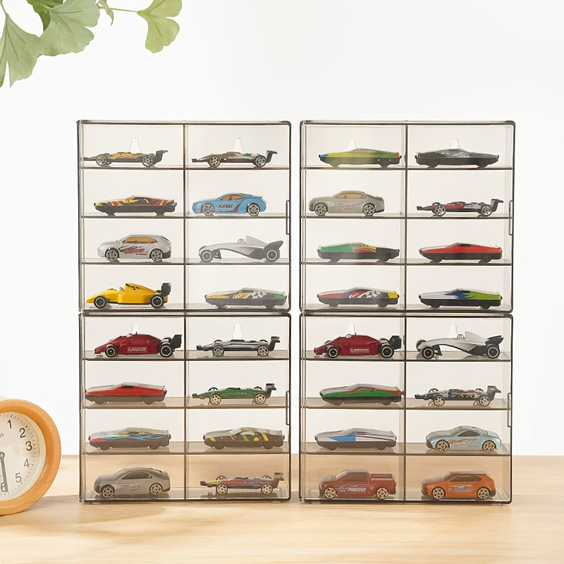 Caja de almacenamiento de modelos de coches pila de 8 compartimentos - Estuche de exhibición de plástico transparente con colección de vehículos miniatura de colores, ideal para coleccionistas y aficionados, almacenamiento de juguetes de coches