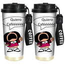 1 ud. Vaso de Acero Inoxidable de 18 oz con Diseño de Dibujos Animados de Mafalda y Texto "¿QUÉ COFFEEEEE!" - Termo Reutilizable Antifugas, Solo Lavado a Mano, Idea de Regalo para Amantes del Café, Accesorios para Cafetería