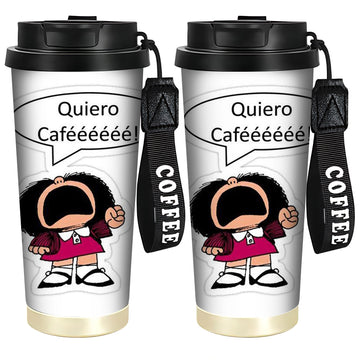 1 ud. Vaso de Acero Inoxidable de 18 oz con Diseño de Dibujos Animados de Mafalda y Texto "¿QUÉ COFFEEEEE!" - Termo Reutilizable Antifugas, Solo Lavado a Mano, Idea de Regalo para Amantes del Café, Accesorios para Cafetería