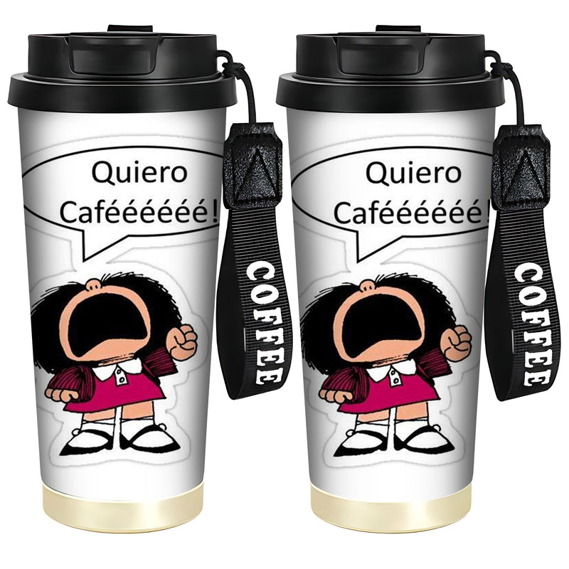 1 ud. Vaso de Acero Inoxidable de 18 oz con Diseño de Dibujos Animados de Mafalda y Texto "¿QUÉ COFFEEEEE!" - Termo Reutilizable Antifugas, Solo Lavado a Mano, Idea de Regalo para Amantes del Café, Accesorios para Cafetería