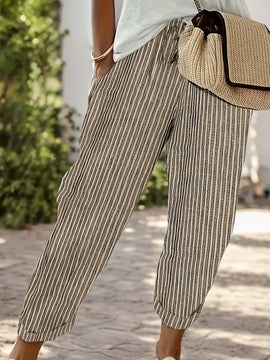 Pantalones Holgados Estampados De Rayas, Pantalones Informales De Cintura Elástica Para El Día A Día, Ropa De Mujer