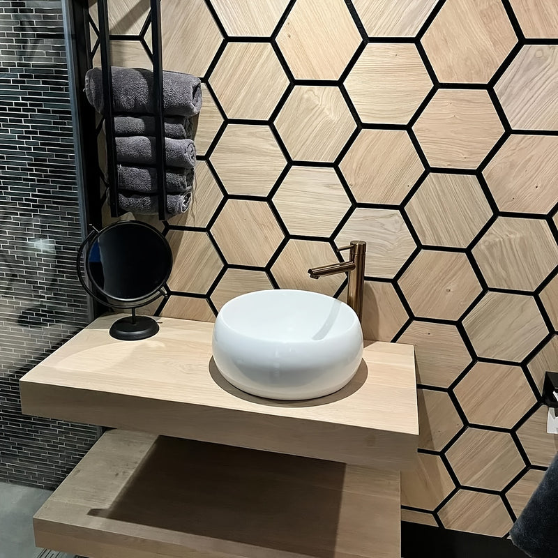 Paneles Acústicos Hexagonales Modernos en Fieltro Negro - Decoración de Pared y Techo Insonorizante de Roble Natural para Estudios de Grabación y Cines Caseros
