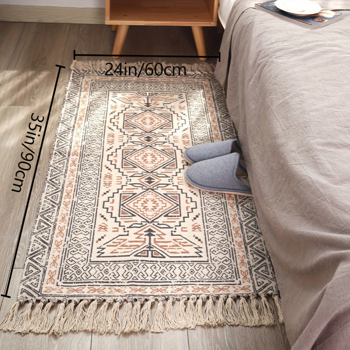 1 pieza de alfombra de estilo nórdico étnico tejida a mano con borlas - Patrón geométrico en rojo, azul, blanco y beige, tejido de poliéster lavable para decoración de sala de estar, dormitorio o oficina en casa, alfombras para sala de estar.