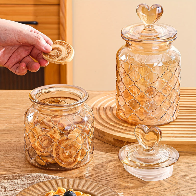 Encantador Tarro de Galletas de Vidrio Ámbar con Tapa de Corazón - Contenedor de Almacenamiento Reutilizable y Sellable para Galletas y Dulces, Perfecto para la Organización de la Cocina