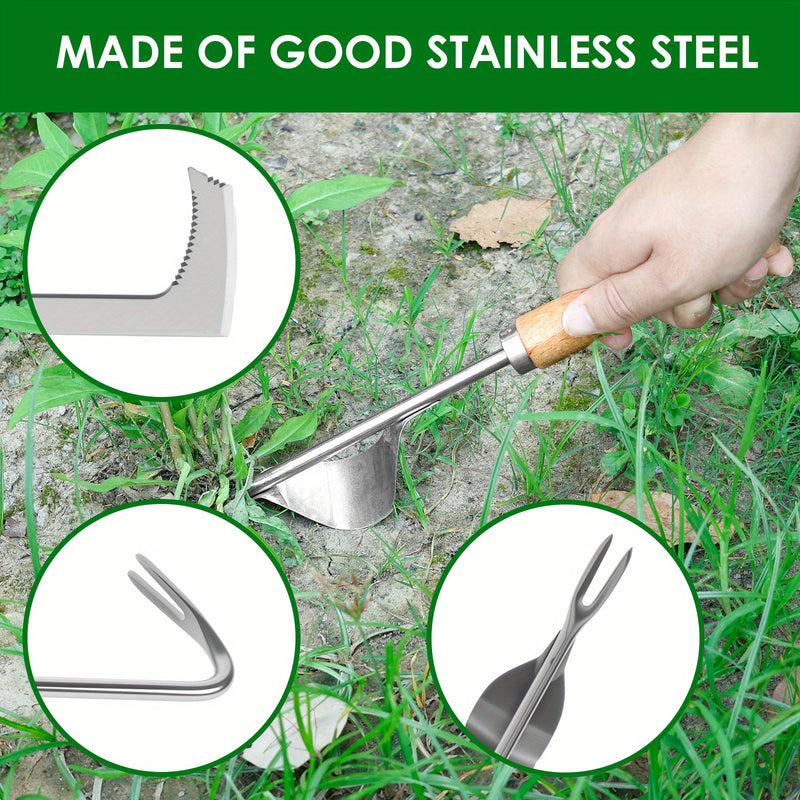 Juego de 4 Herramientas para Deshierbar Acero Inoxidable con Mango Ergonómico de Madera, Set Multiusos para Jardinería y Transplante