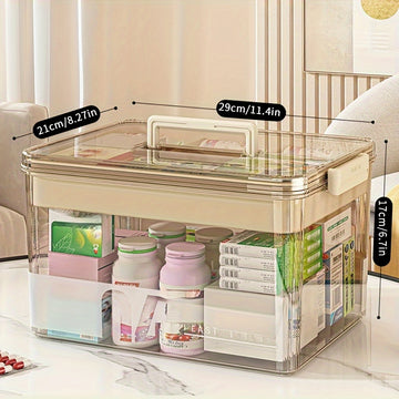 Organizador de Medicinas Transparente de Gran Capacidad con Asa y Tapa - Impermeable, Caja de Almacenamiento Multinivel para Esenciales de Hogar y Oficina