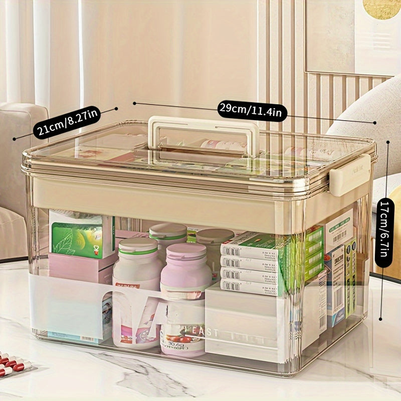 Organizador de Medicinas Transparente de Gran Capacidad con Asa y Tapa - Impermeable, Caja de Almacenamiento Multinivel para Esenciales de Hogar y Oficina