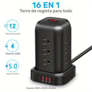 Una regleta de alimentación negra con protección contra sobretensiones, que incluye 12 tomas de CA, 3 puertos USB y 1 puerto tipo C, junto con un cable de extensión de 5 pies, adecuado para el hogar, la oficina, la cocina, el garaje y el dormitorio, maxi