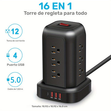 Una regleta de alimentación negra con protección contra sobretensiones, que incluye 12 tomas de CA, 3 puertos USB y 1 puerto tipo C, junto con un cable de extensión de 5 pies, adecuado para el hogar, la oficina, la cocina, el garaje y el dormitorio, maxi