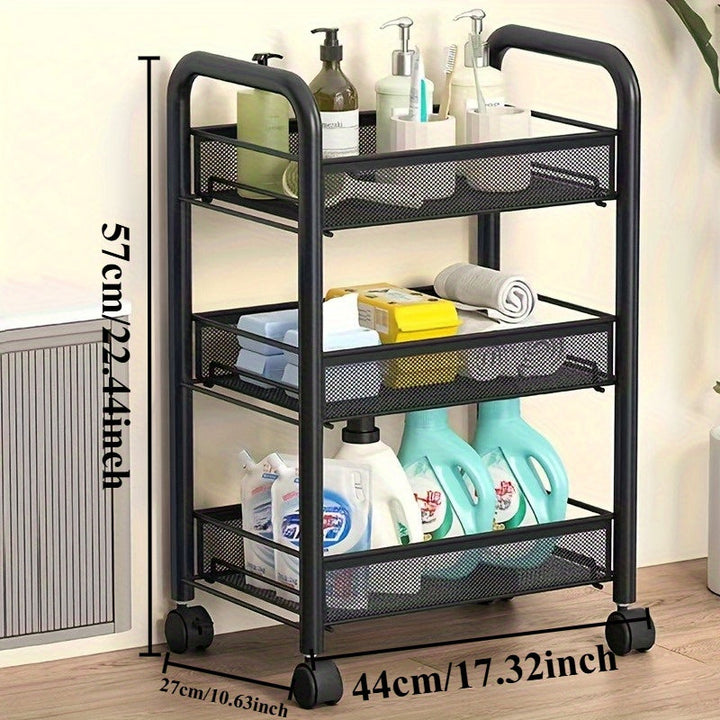 1 pieza de 3 niveles de carrito de almacenamiento de metal negro con poleas - Organizador versátil para cocina, dormitorio, baño, oficina y sala de estar, estante de canasta de alambre duradera, ensamblaje fácil, unidad de estantería versátil | Acabado m