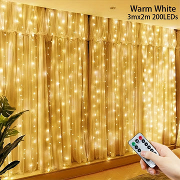 1 pieza de Cortina de Luces de Hada Encantadora -300/200/100LED, Alimentación por USB, Control Remoto - Ideal para Navidad, Fiesta, Día de San Valentín, Hogar, Boda y Decoración Estacional