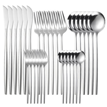 1 Juego De 30 Piezas, Cubiertos Portugués De Acero Inoxidable, Incluye Cuchillo De Carne, Tenedor, Cuchara Y Cucharita De Té, Tenedor De Cena, Cuchara De Cena, Tenedor De Frutas, Cuchara De Postre, Apto Para Lavavajillas, Pulido A Espejo, Para Hogar, Res
